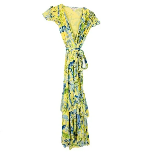 Banjanan Mercy Midi Dress Wrap Tropical Floral Bird Yellow Size Small S $370 EUC - Picture 2 of 16